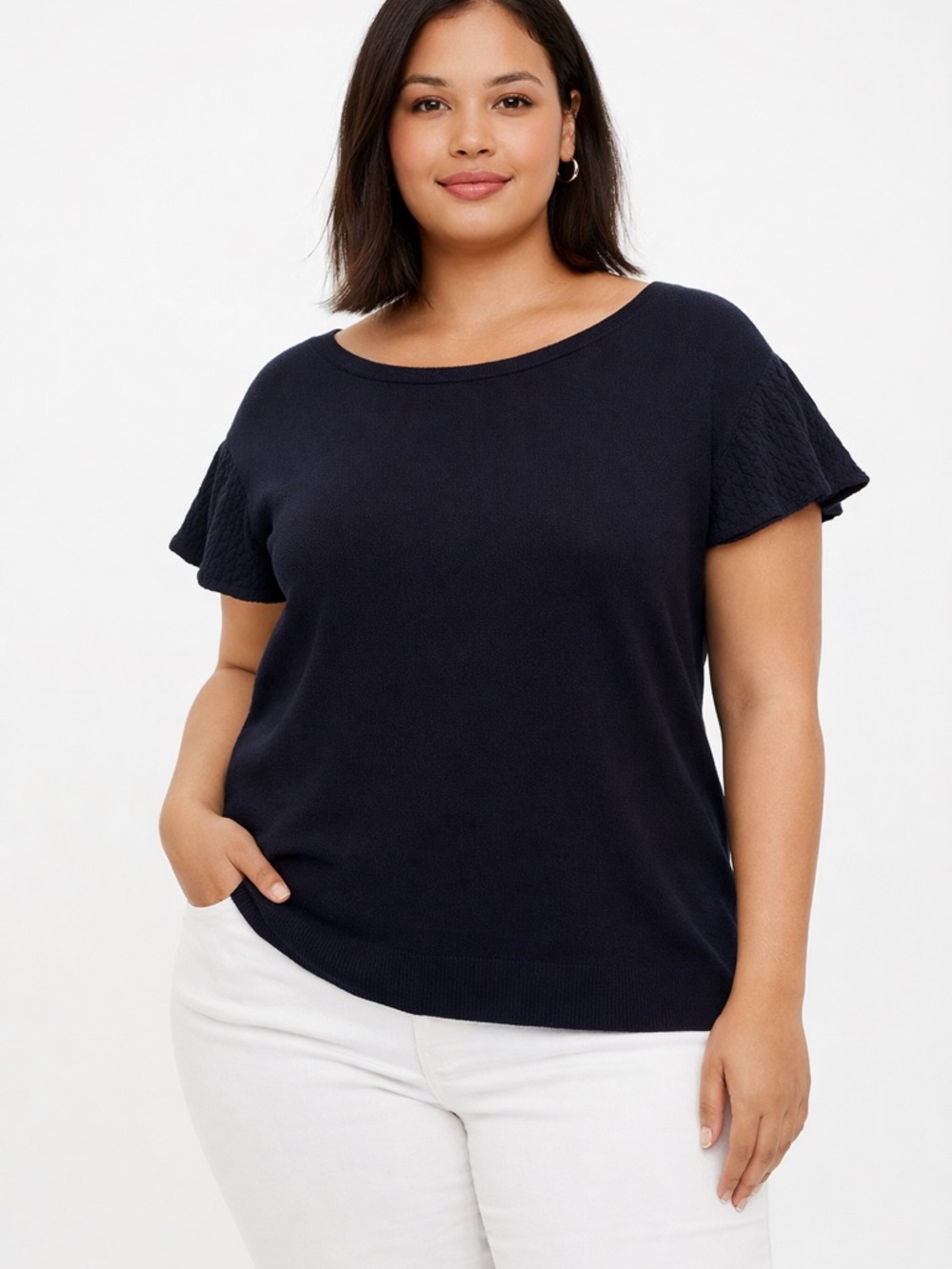 LOFT Plus Navy Cotton Flutter Sleeve Sweater Knit Top Size 16/18 XL Crewneck